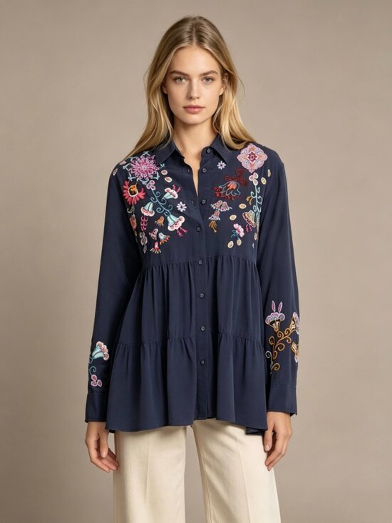 Johnny Was Tops - $398 NWOT Johnny Was ALESA TIERED Embroidered Floral Tunic Shirt Blouse Sz XS